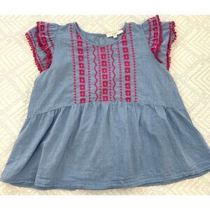 Loft Chambray Embroidered Peplum Top Pink Size Large